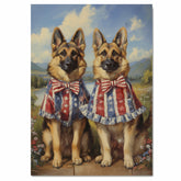 Patriotic German Shepherd Pair in Stars and Stripes Outfits – Americana Dog Wall Art for July 4th on Ready to Hang 1.5" Thick Canvas Wrap, Floating Framed Canvas, Flat Rolled Canvas